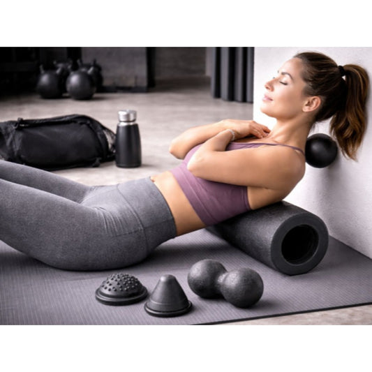 5-in-1 Faszienrollen Set mit Faszienrolle 37cm, Duoball, Massageball und Kegel aus EPP-Schaumstoff schwarz – Bild 2