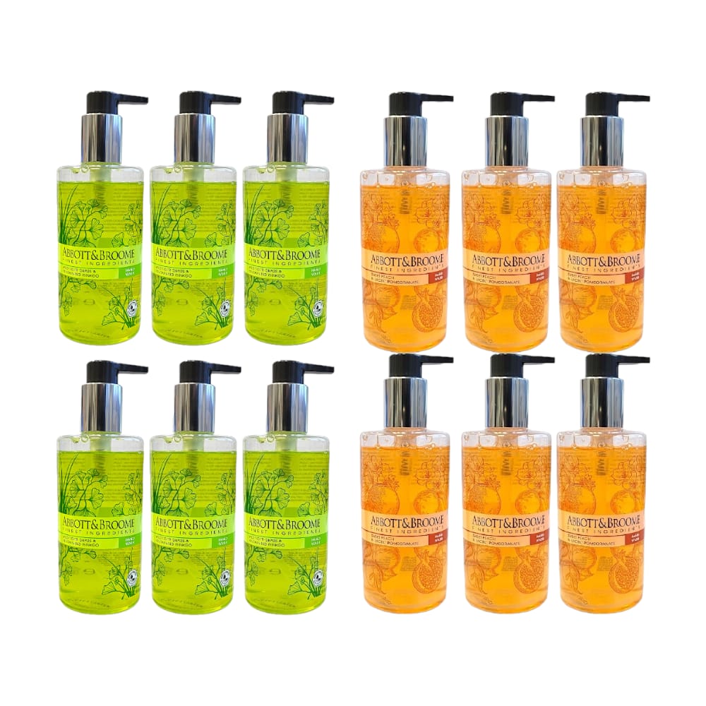 Abbott & Broome Hand Wash, Handseife, Handwaschgel 6x Tigergras & Ginkgo 6x Pfirsich-Granatapfel
