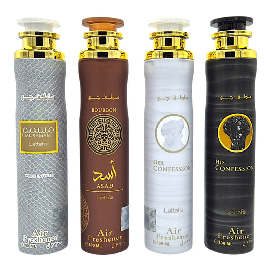 Lattafa Raumduft Set Lufterfrischer His und Her Confession, Musamam White, Asad Bourbon