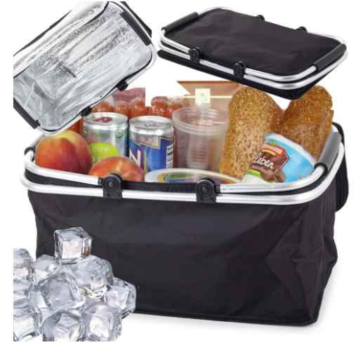 Thermo Picknickkorb faltbar 48x28x22 cm blau – isolierter Kühlkorb mit Alurahmen und Reißverschluss