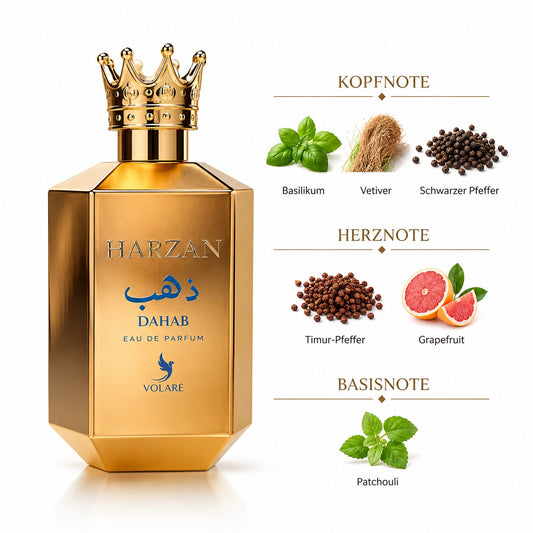 Volaré Harzan Dahab Eau de Parfum 100 ml mit Basilikum, Vetiver, Grapefruit und Patchouli. Würzig-frischer Unisex Duft mit moderner Eleganz.