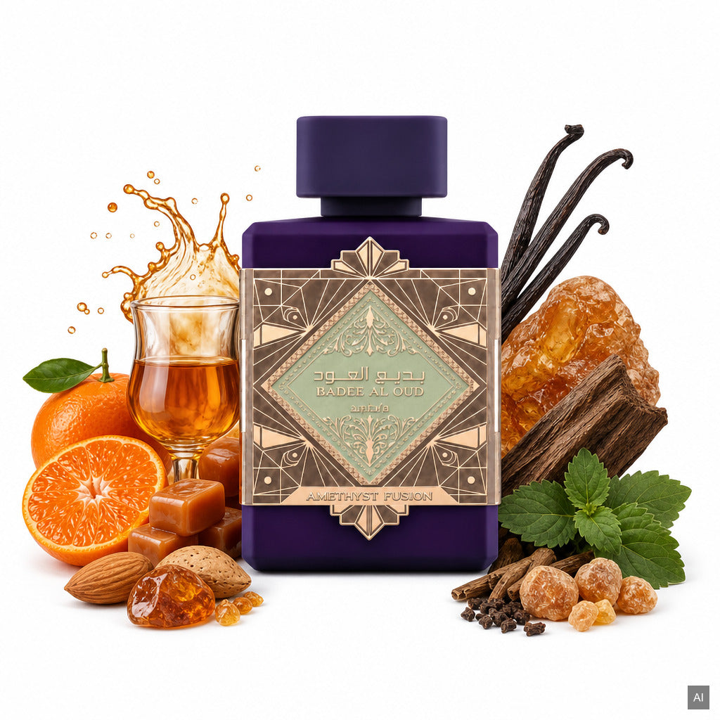 Lattafa Badee Al Oud Amethyst Fusion Eau de Parfum 100 ml – orientalisch-holziger Unisex-Duft mit Amaretto, Rum, Karamell und