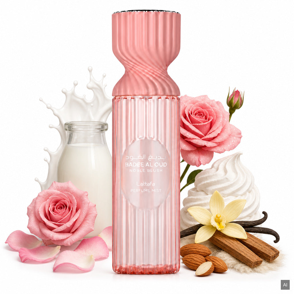 Lattafa Badee Al Oud Noble Blush Perfume Mist 250 ml – cremig-süßer Damenduft mit Rosamilch, Mandel und Vanille – Duftnoten