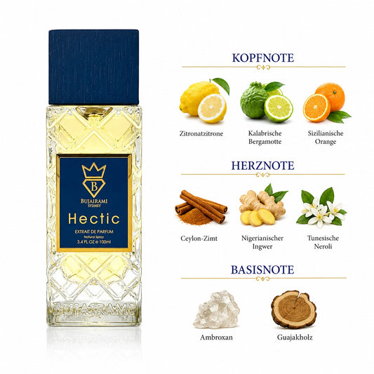 Bujairami Hectic Extrait de Parfum 100 ml Unisex Parfum mit Zitronatzitrone, kalabrischer Bergamotte, sizilianischer Orange, Neroli, Ingwer, Zimt, Ambroxan und Guajakholz
