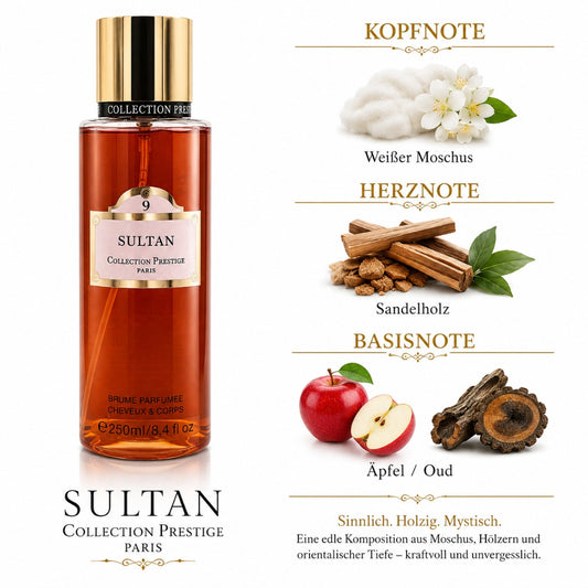 Collection Prestige Sultan 9 Koerperspray Parfumnebel 250 ml Unisex orientalischer Duft mit Moschus Sandelholz und Oud – Bild 2