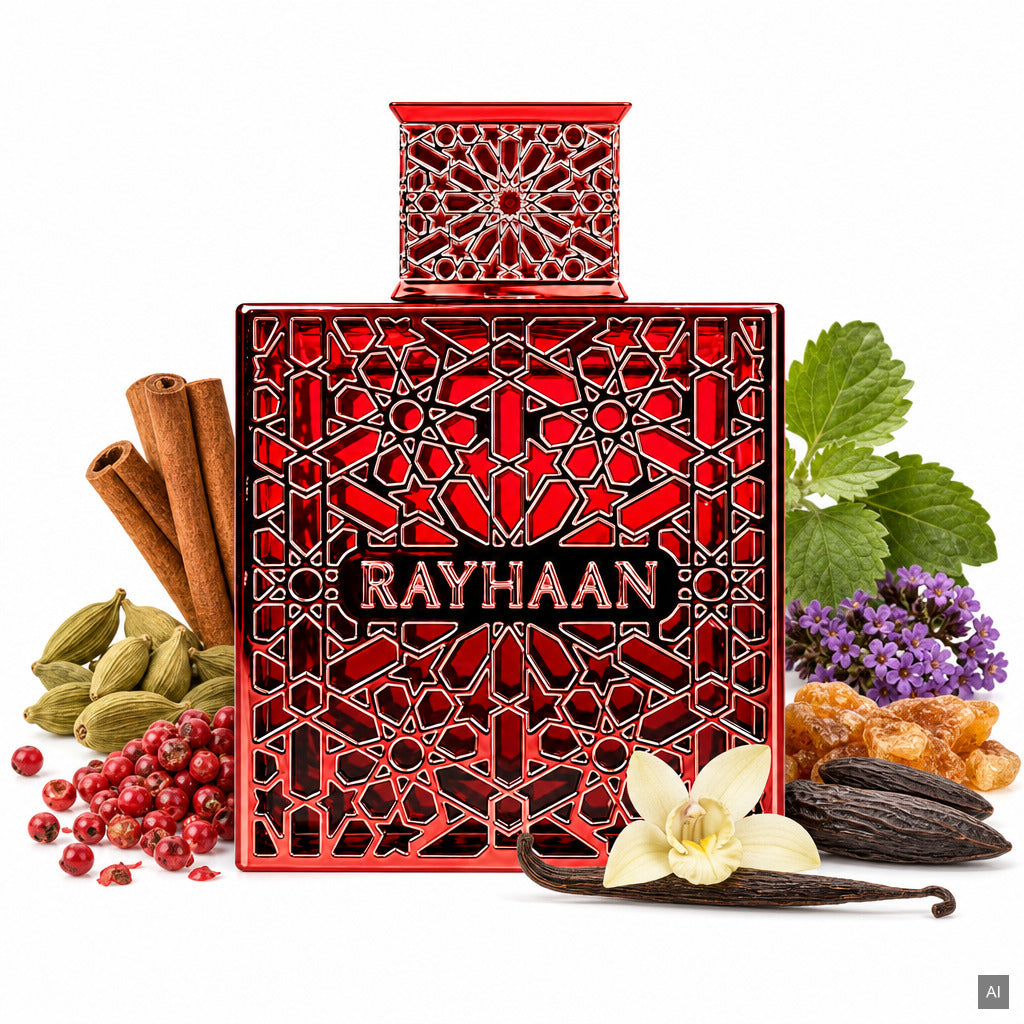 Rayhaan Crimson Eau de Parfum 100 ml – orientalisch-würziger Unisex-Duft mit Zimt, Patchouli und Vanille – Duftnoten