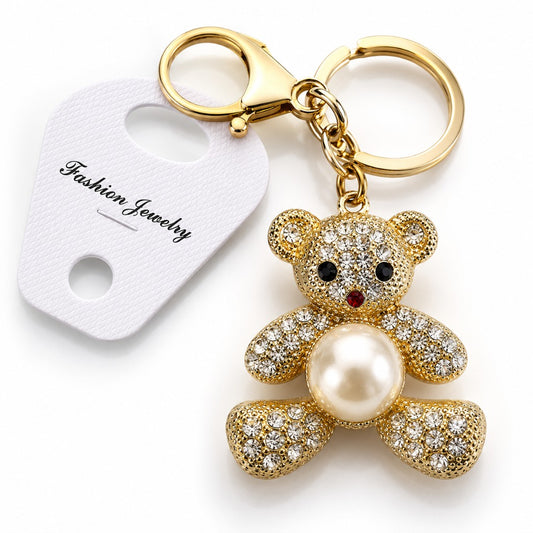 Da Meso Teddybär-Schlüsselanhänger mit Strass und Perle in Gold und Silber – elegantes Accessoire für Handtasche und Schlüsse