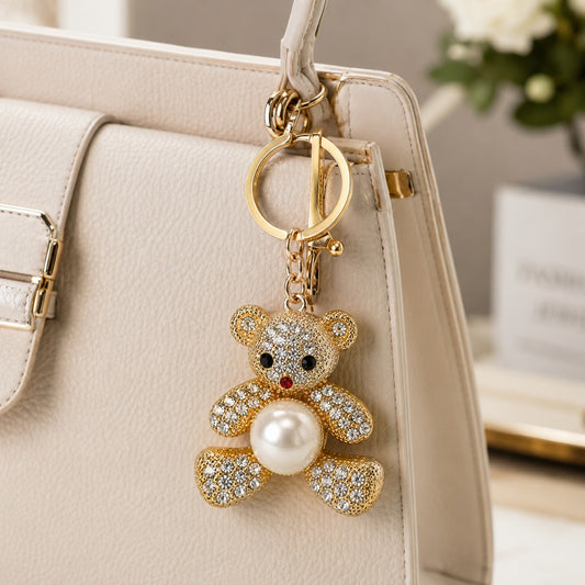 Da Meso Teddybär-Schlüsselanhänger mit Strass und Perle in Gold und Silber – elegantes Accessoire für Handtasche und Schlüsse – Bild 2