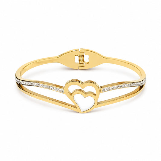 Goldfarbener Damen Armreif aus Edelstahl mit Herz und Zirkonia