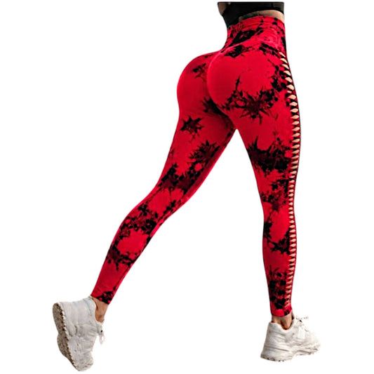 Damen Push Up Leggings Rot Schwarz Marmoriert – High Waist Fitness Leggings