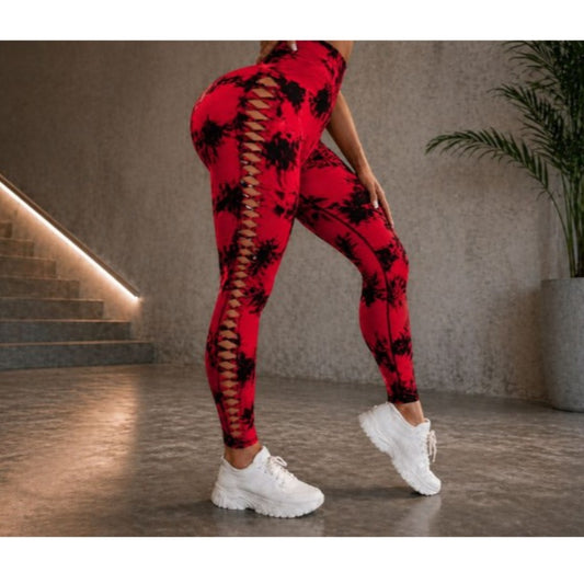 Damen Push Up Leggings Rot Schwarz Marmoriert – High Waist Fitness Leggings
