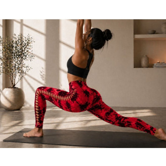 Damen Push Up Leggings Rot Schwarz Marmoriert – High Waist Fitness Leggings