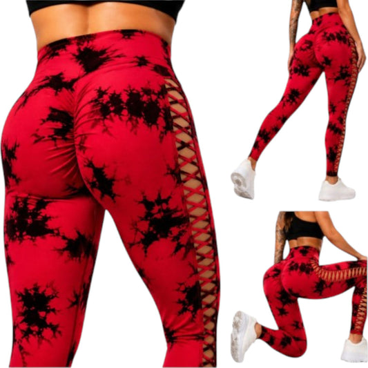 Damen Push Up Leggings Rot Schwarz Marmoriert – High Waist Fitness Leggings