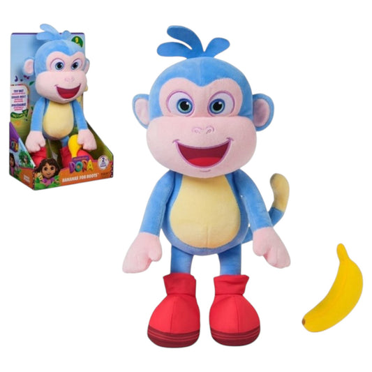 Dora Bananenfreund Boots interaktive Plüschfigur 30 cm mit Soundfunktion, englischen Sätzen, Liedern und Banane aus der beliebten Dora TV-Serie für Kinder