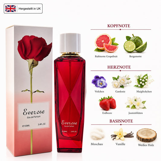 Everose Eau de Parfum 100 ml Damenparfum mit Grapefruit, Bergamotte, Erdbeere, Gardenie, Jasmin, Vanille, Moschus und weißen Hölzern im eleganten Flakon