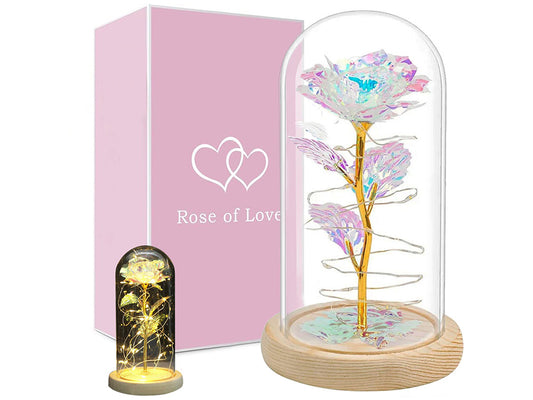 Ewige Rose im Glas mit LED-Licht Romantisches Geschenk für Sie, Deko mit Holzsockel