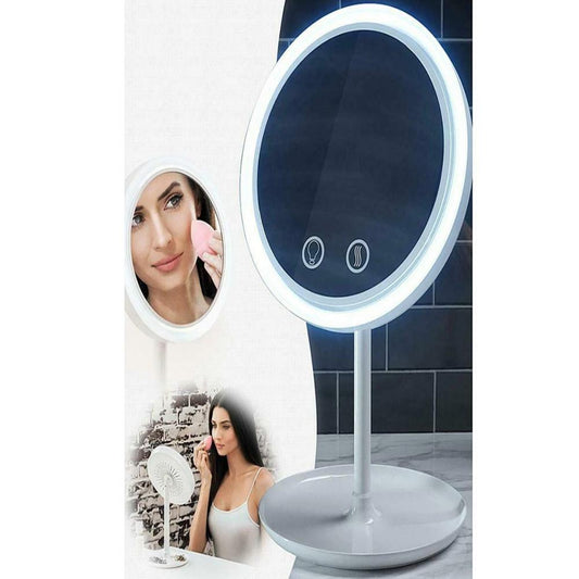 LED Kosmetikspiegel mit Lüfter & 5x Vergrößerung Beleuchteter Schminkspiegel mit USB & Akku