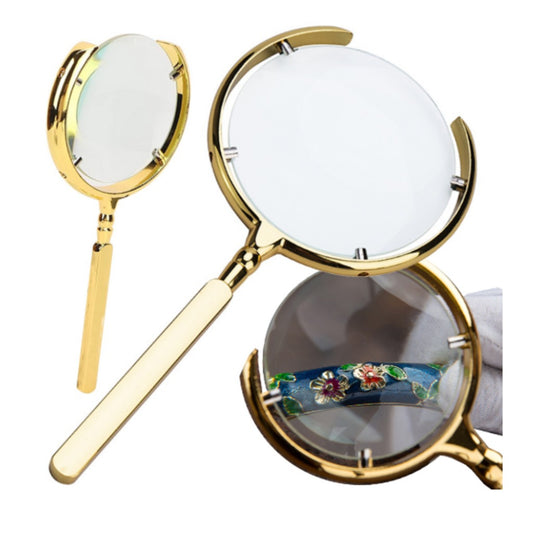 Handlupe 6-fach Vergrößerung goldfarben 22 cm – Leselupe mit Glaslinse und Metallrahmen für Senioren und Hobby