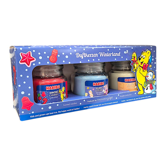 Haribo Duftkerze 3er Set Winterland - Winter Cherry, Fluffy Clouds, Vanilla Waffle Cream