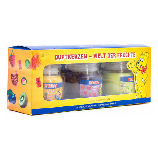 Haribo Duftkerze 3er Set Frucht Power - Berry Mix, Coconut Lime, Tropical Fun - 3x85g