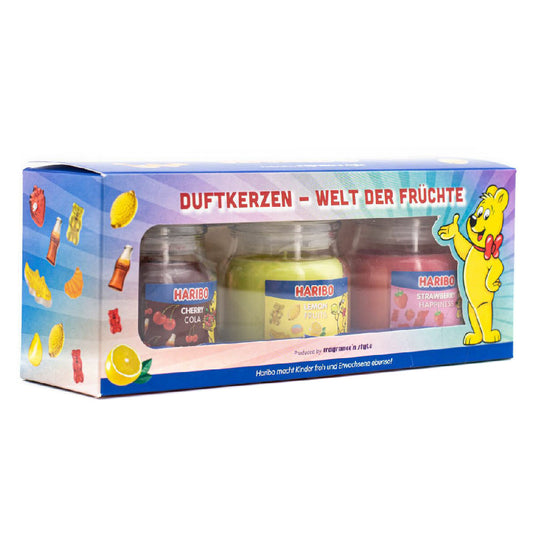 Haribo Duftkerze 3er Set Lemon Fruits, Cherry Cola, Strawberry Happiness - 3x85g