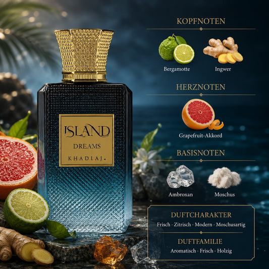 Khadlaj Island Dreams Extrait de Parfum 100ml – Frischer Unisexduft mit Bergamotte, Grapefruit und Ambroxan