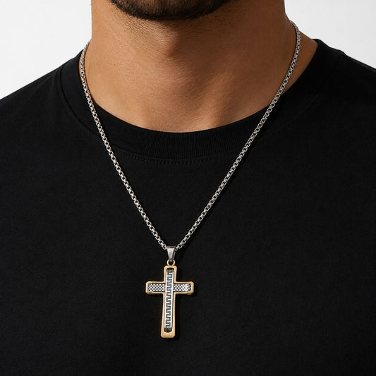 Herren Kreuz Halskette Bicolor Edelstahl 52 cm – Kreuzanhänger Silber & Goldfarben maskulin – Bild 2
