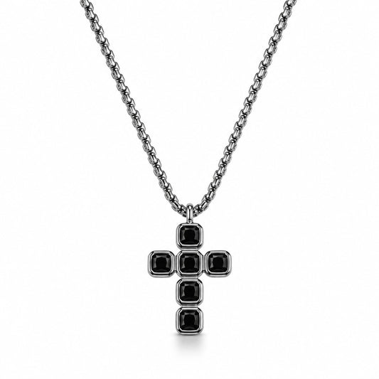 Kreuz Halskette Herren silberfarben Edelstahl mit schwarzen Schmucksteinen Kreuzanhänger 28,5 cm