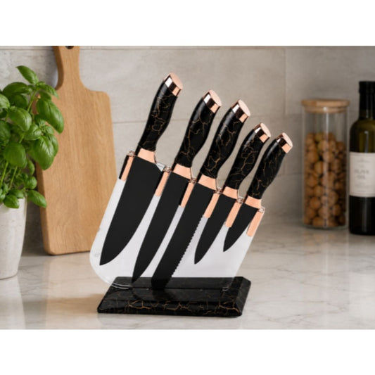 Küchenmesserset 6-teilig mit transparentem Messerständer – 5 Edelstahlmesser schwarz Marmor-Design – Bild 4