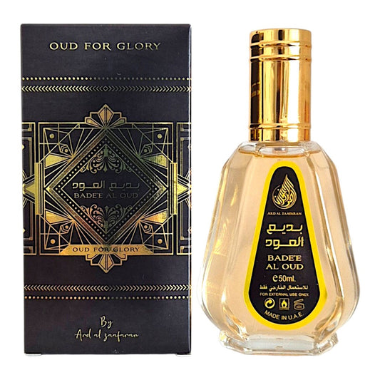 Lattafa Badee Al Oud Oud For Glory Eau de Parfum 50 ml – orientalisch-holziger Unisex-Duft mit Safran, Agerholz und Moschus