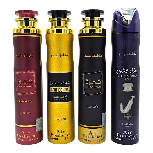 Lattafa Raumspray Set Air Freshener Khamrah Dukhan Confidential Gold Ishq Al Shuyukh Silver 4 x 300 ml orientalischer Unisex