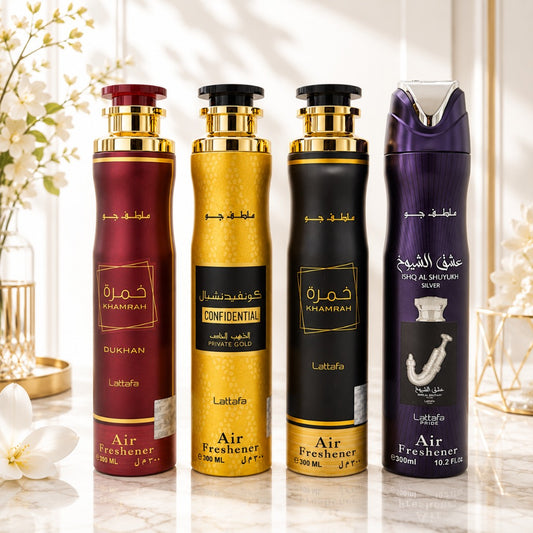 Lattafa Raumspray Set Air Freshener Khamrah Dukhan Confidential Gold Ishq Al Shuyukh Silver 4 x 300 ml orientalischer Unisex – Bild 2