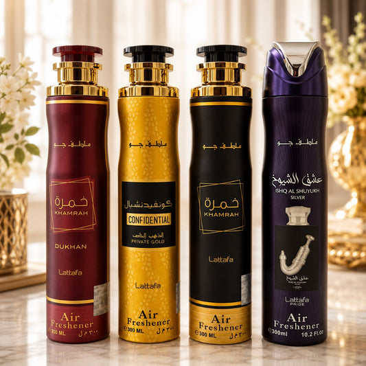 Lattafa Raumspray Set Air Freshener Khamrah Dukhan Confidential Gold Ishq Al Shuyukh Silver 4 x 300 ml orientalischer Unisex – Bild 3