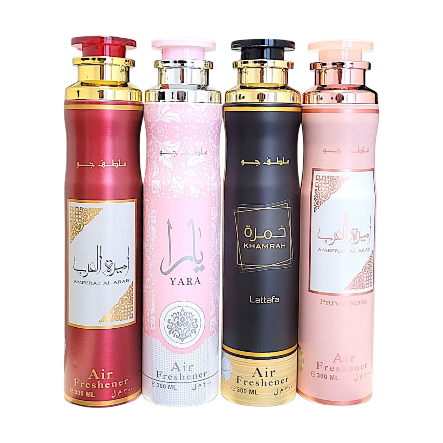 Lattafa Raumduft Set Luftauffrischer Khamrah, Yara, Ameerat Al Arab, Prive Rose, 4x300ml=1200ml