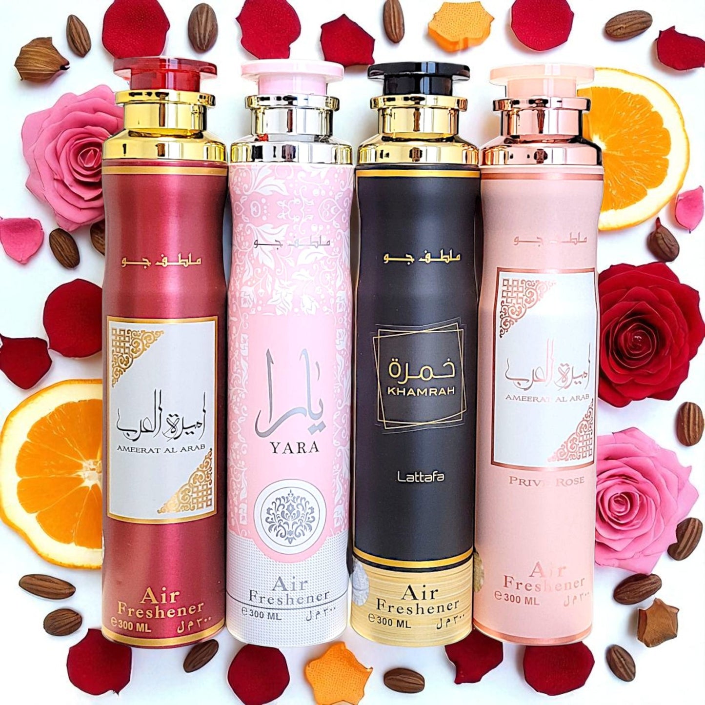 Lattafa Raumduft Set Luftauffrischer Khamrah, Yara, Ameerat Al Arab, Prive Rose, 4x300ml=1200ml
