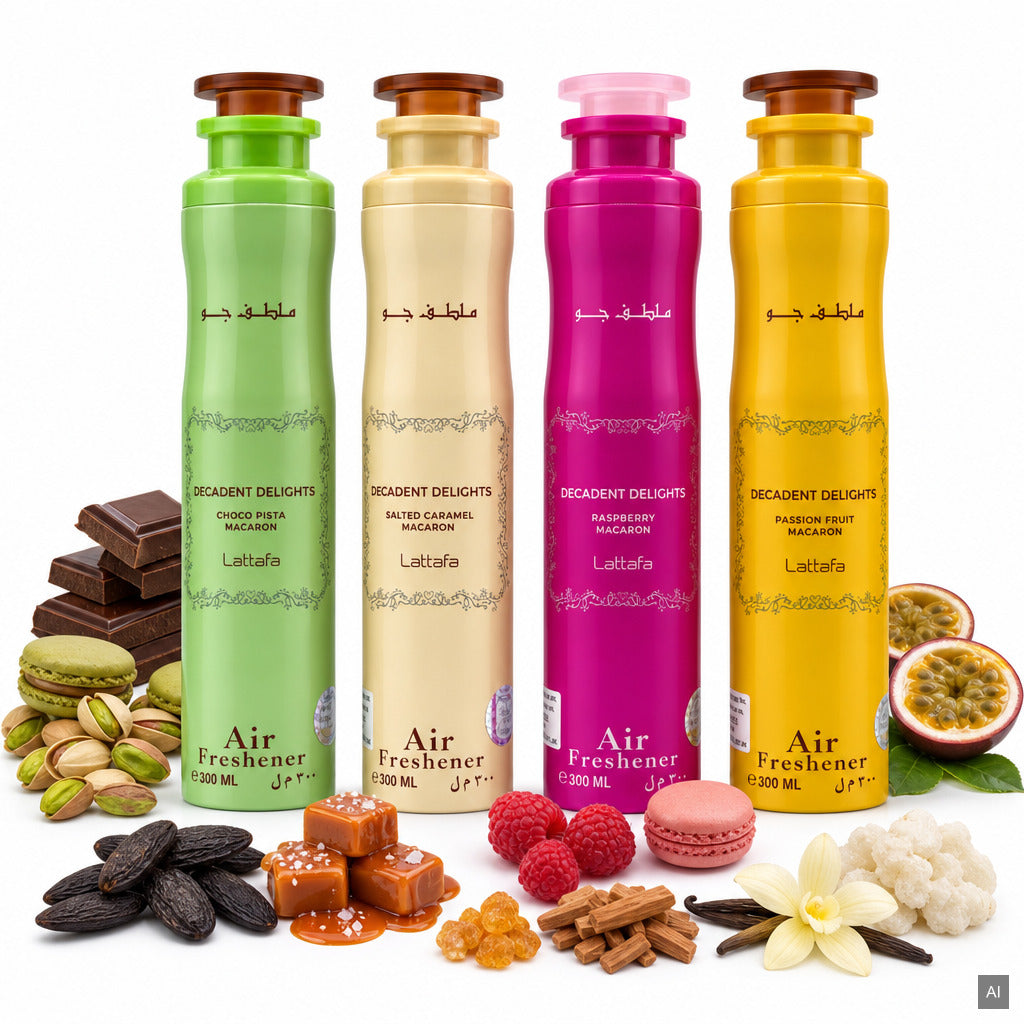 Lattafa Macaron Raumspray Set 4x300 ml – Gourmand Air Freshener Choco Pista, Raspberry, Passion Fruit, Salted Caramel – Duftn