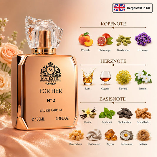Majestic London for Her No 2 Eau de Parfum 100 ml Damenparfum mit Pfirsich, Blutorange, Rum, Cognac, Jasmin, Vanille, Tonkabohne und Sandelholz im eleganten Flakon