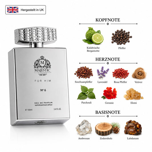 Majestic London for Him No 6 Eau de Parfum 100 ml Herrenduft mit Bergamotte, Pfeffer, Lavendel, Vetiver, Patchouli, Ambroxan und Zedernholz im eleganten Flakon