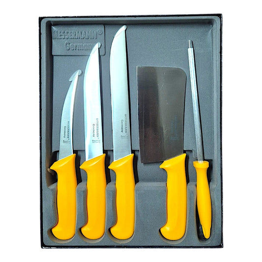 Messermann Germany 5-teiliges Messerset mit Hackmesser, Wetzstahl und drei Profi-Messern mit gelb-orangen Griffen