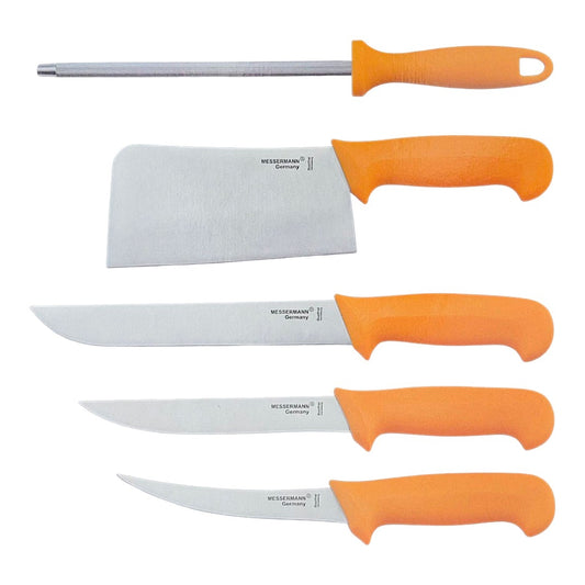 Messermann Germany 5-teiliges Messerset mit Hackmesser, Wetzstahl und drei Profi-Messern mit gelb-orangen Griffen