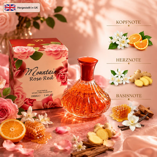 Mountain Rose Red Eau de Parfum 100 ml Damenparfum mit Jasmin, Bitterorange, Orangenblüte, Ingwer, Honig, Vanille und Sandelholz im eleganten Flakon
