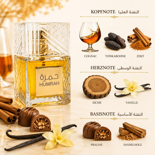 Parfum Humbrah Eau de Parfum 100 ml mit Cognac, Zimt, Tonkabohne, Vanille, Praline, Sandelholz und Eichenholz als warmer Gourmand-Duft im eleganten Flakon