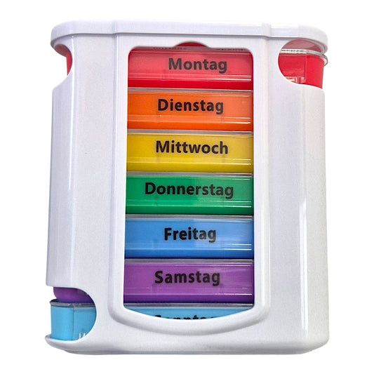 Pillendose Deluxe 7 Tage Tablettenbox Regenbogen Weiß mit Wochentagen und Tageszeiten