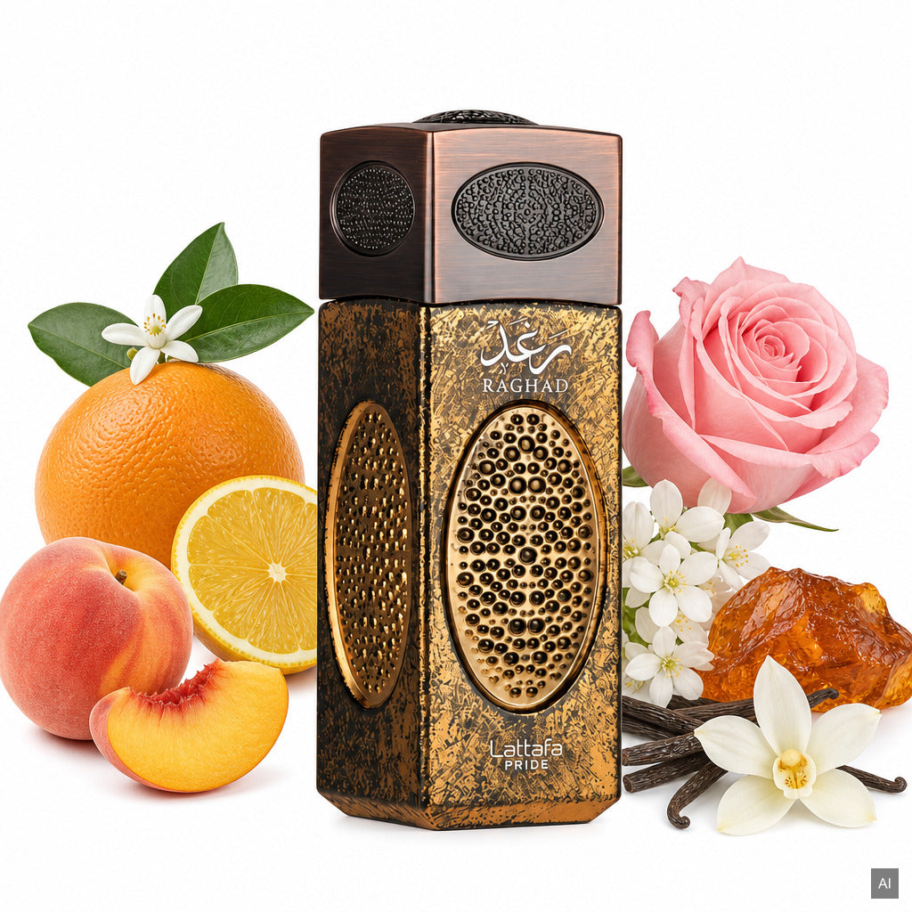 Lattafa Pride Raghad Eau de Parfum 100 ml – orientalisch blumiger Damenduft mit Pfirsich, Rose und Vanille – Duftnoten