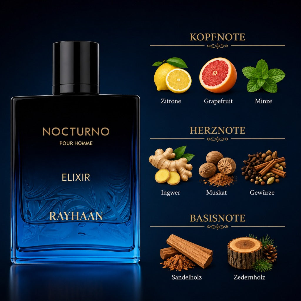 Rayhaan Nocturno Elixir Eau de Parfum 100 ml – orientalisch-holziger Herrenduft mit Zitrone, Ingwer und Sandelholz
