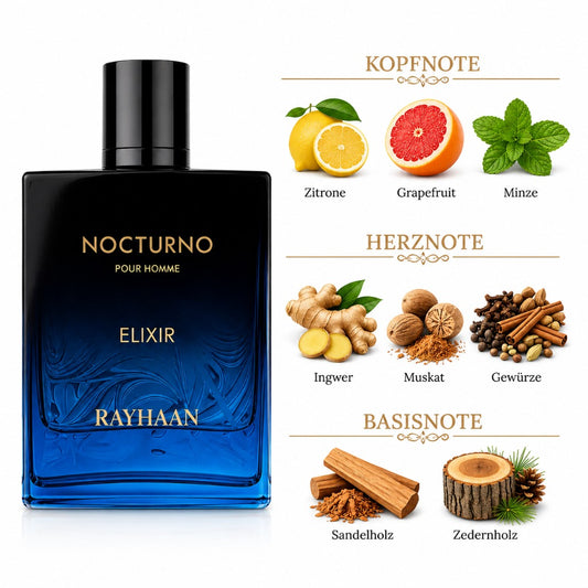 Rayhaan Nocturno Elixir Eau de Parfum 100 ml – orientalisch-holziger Herrenduft mit Zitrone, Ingwer und Sandelholz – Bild 2