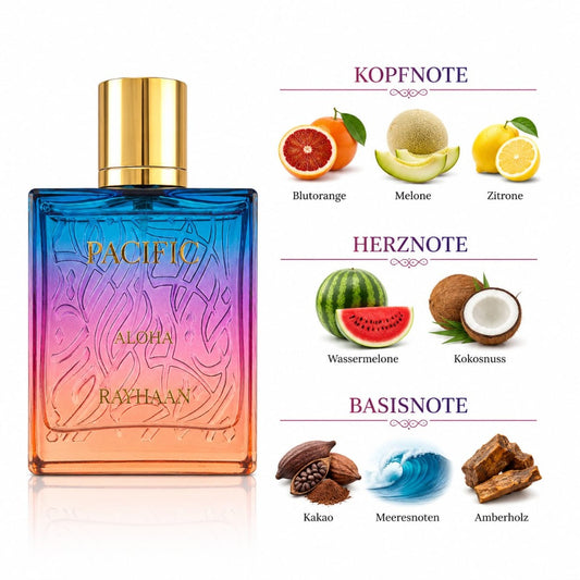 Rayhaan Pacific Aloha Eau de Parfum 100 ml – aromatisch-fruchtiger Unisex-Duft mit Blutorange, Kokosnuss und Meeresnoten – Bild 3