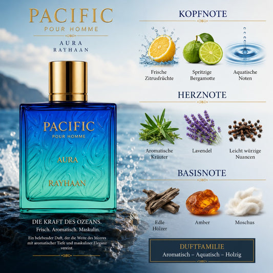 Rayhaan Pacific Aura Pour Homme Eau de Parfum 100 ml – frischer Herrenduft mit Bergamotte, Lavendel und Amber – Bild 2