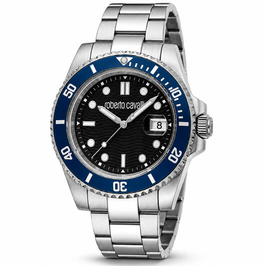 Roberto Cavalli RC5G168M0035 Herren Armbanduhr mit blauem Bezel, schwarzem Zifferblatt und silbernem Edelstahlarmband