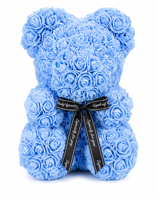 Rose Teddy, Rosenbär, Teddybär mit Rosenblüten 25 cm Blau
